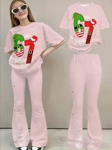 Sprite Number 67 Six Seven Star Print Short Sleeve T-Shirt + Bell Bottom Pants Set, Christmas Style Loose Round Neck Top, Kids Casual