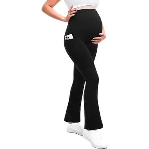 Women's Maternity Flare Leggings with Pockets - Over-The-Belly Soft Yoga Pants, Pregnancy Outfits for Workout Activewear