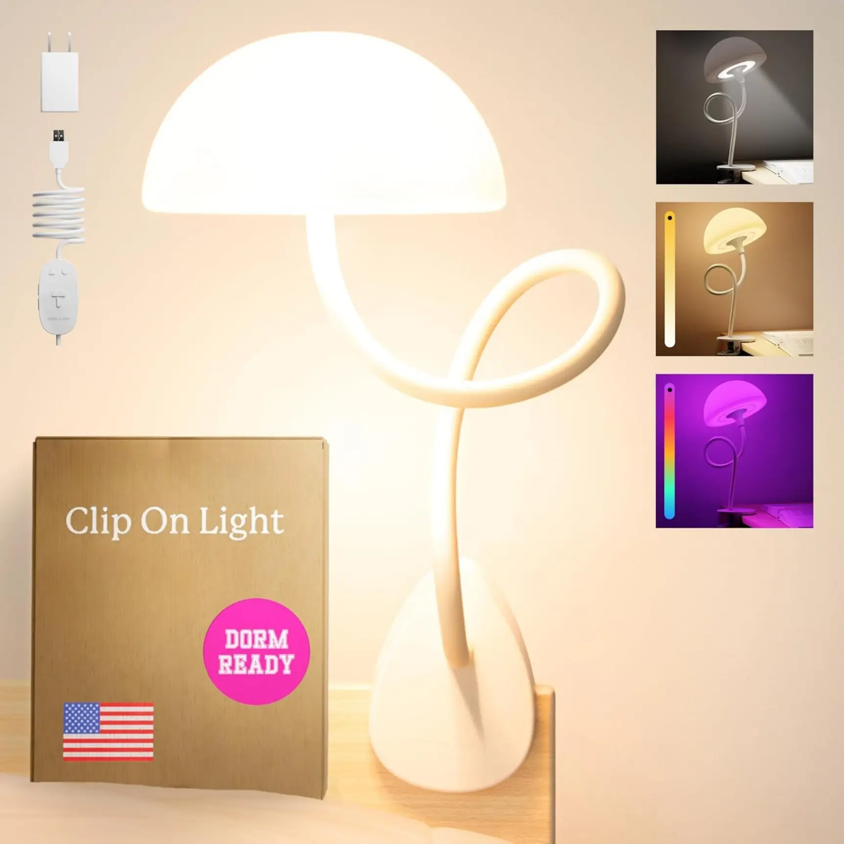 Clip On Light and Bed Headboard Lamp, College Dorm Room Essentials, Night Light for Kids Nursery, MultiColor LEDs, Adapter Included (White)