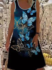 【Plus Size】 Butterfly Print Round Neck Tank Dress, Boho Sleeveless Maxi Dress for Beach Holiday Vacation, Women's Clothes for Summer