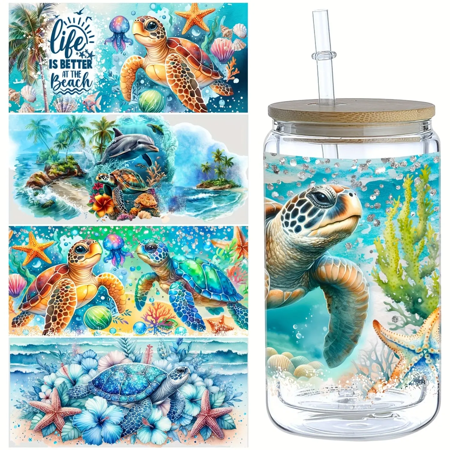 5 Sheets Ocean Life UV DTF Tumbler Wrap Transfer Stickers, DTF Transfer Stickers, High Quality Sea Turtle Wipe Off Transfer Stickers for 16oz Glass, Mugs, Crafts, Crafts Cup Stickers