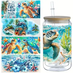 5 Sheets Ocean Life UV DTF Tumbler Wrap Transfer Stickers, DTF Transfer Stickers, High Quality Sea Turtle Wipe Off Transfer Stickers for 16oz Glass, Mugs, Crafts, Crafts Cup Stickers