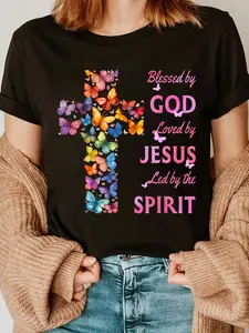 100% Cotton Blessed by God Loved by Jesus Butterfly Cross T-Shirt