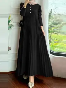 Women's Casual Ruched Modest Style Dress, Round Neck Long Sleeve Half Button Design, Loose-Fitting Woven Fabric, All Seasons Wear