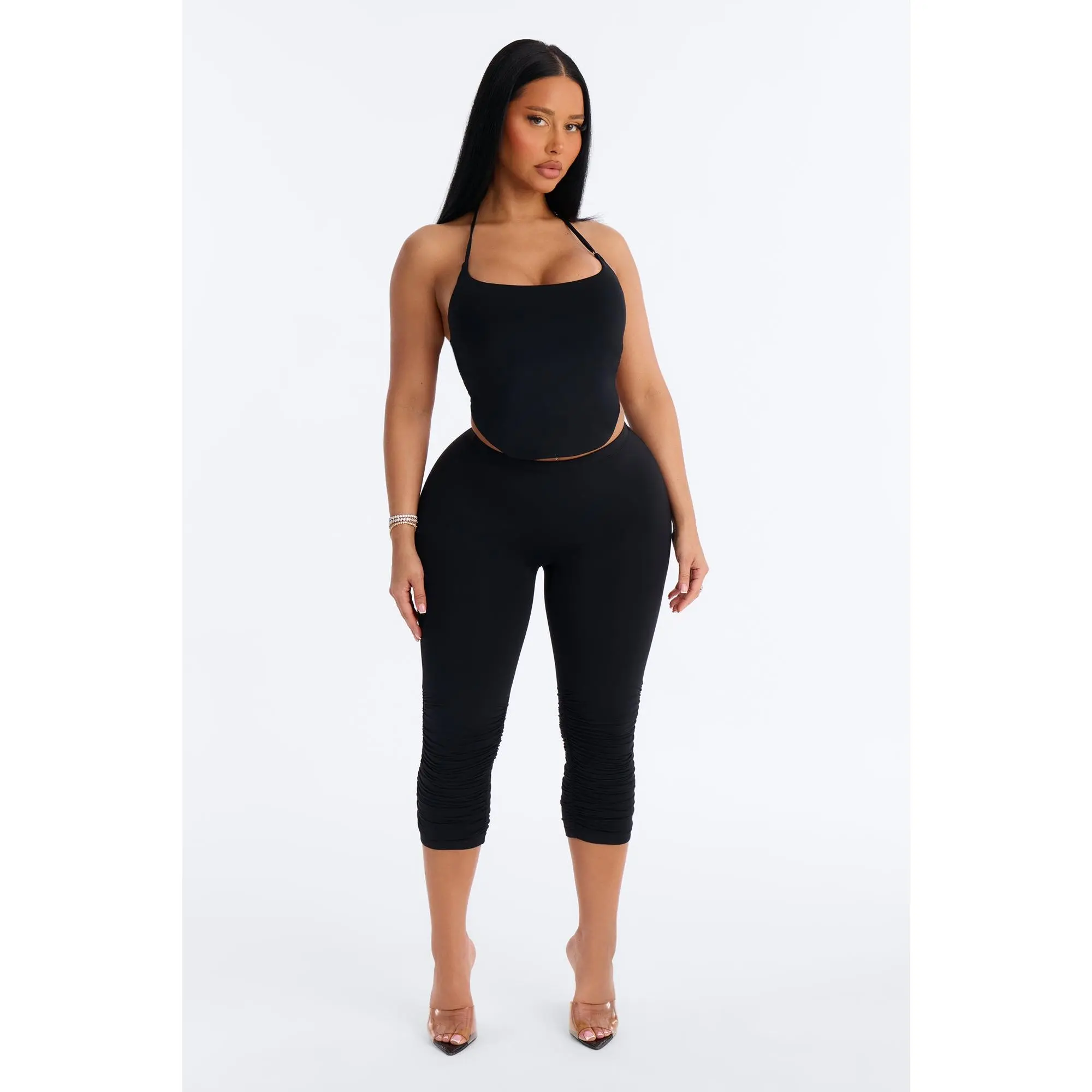 Second Skin Double Lined Ruched Low Rise Capri Legging - Black