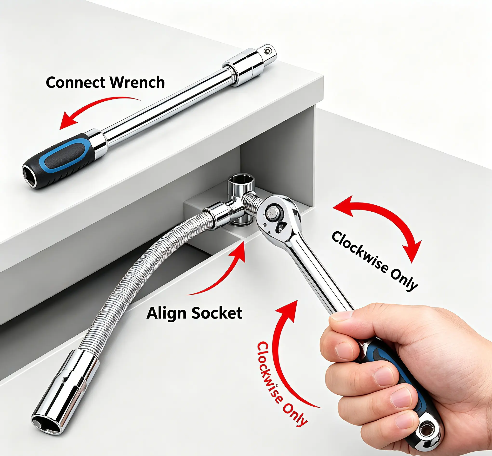 1/2 Inch Drive Adjustable Socket Wrench Kit, 3 Flexible Bendable Extension Shafts, Wrench Extender Bar & Connecting Adapter, Heavy Duty Automotive Mechanic Tools, Portable Repair Supplies for Home & Outdoor, Ideal Father’s Day Gift multifunctional