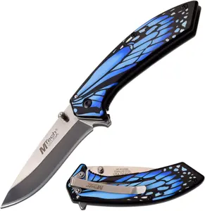 MTech USA Spring Assist Folding Knife - 3.25" Mirror Polished Stainless Blade, Blue Butterfly Handle, Liner Lock EDC Pocket Knife