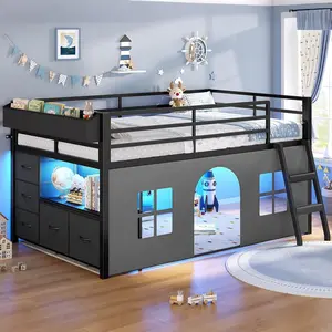 Sikaic Low Loft Bed Twin Size with Tent, 5 Storage Drawers, LED Lights, Metal Kids Loft Bed with Bookcase & Under-Bed Play Space, Twin Loft Beds with 13.8''H Safety Guardrail, Inclined Ladder summervibes