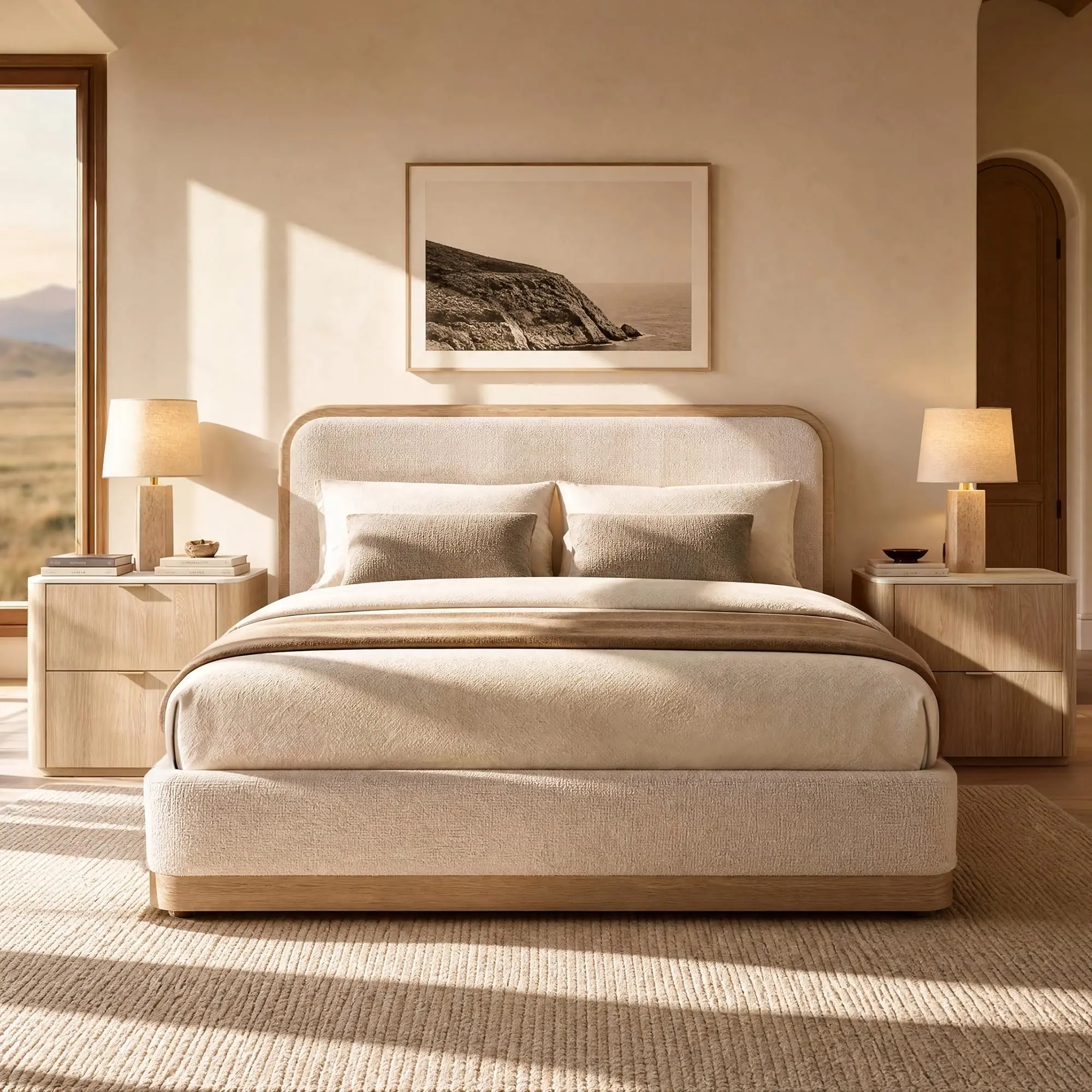 ModernMate Queen Size Upholstered Bed Frame with PU Leather Padded Headboard, Soft Fabric, Wooden Slats Support, Noise-Free, No Box Spring Needed, Easy Assembly, Beige Bed Frames