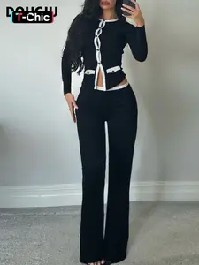 DOUCIU Autumn French Intellectual Elegance Commuting Casual Versatile Simple Women's Thin Contrast Color Button Cardigan Long-Sleeved Top & Trousers Two-Piece Set, Lady, Pants Suit