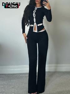 douciu autumn french intellectual elegance commuting casual versatile simple women's thin contrast color button cardigan long-sleeved top trousers two-piece clothes set