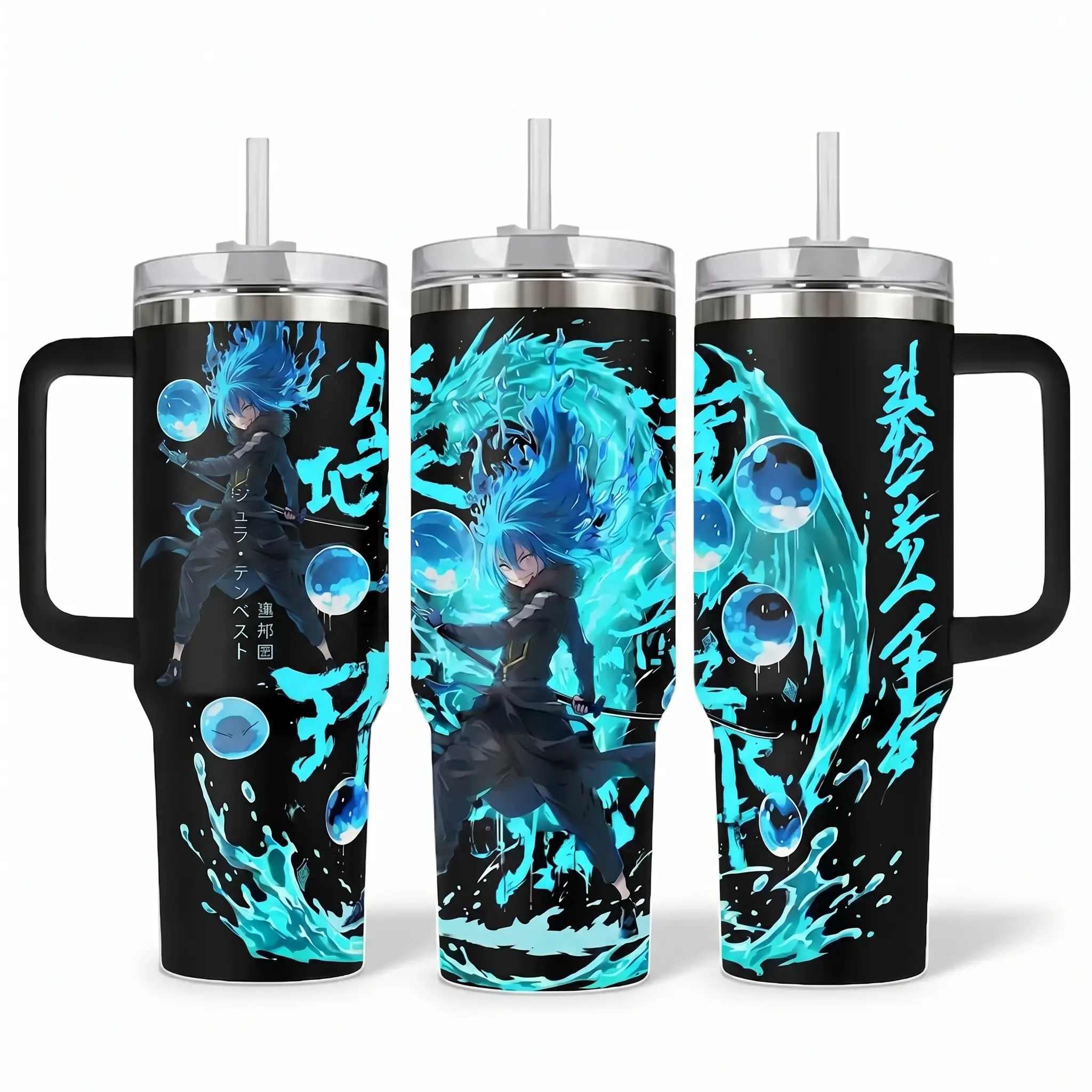 Rimuru Tempest Anime Tumbler 40oz With Handle & Straw, That Time I Got Reincarnated as a Slime Blue Dragon Design Insulated Travel Mug Gift