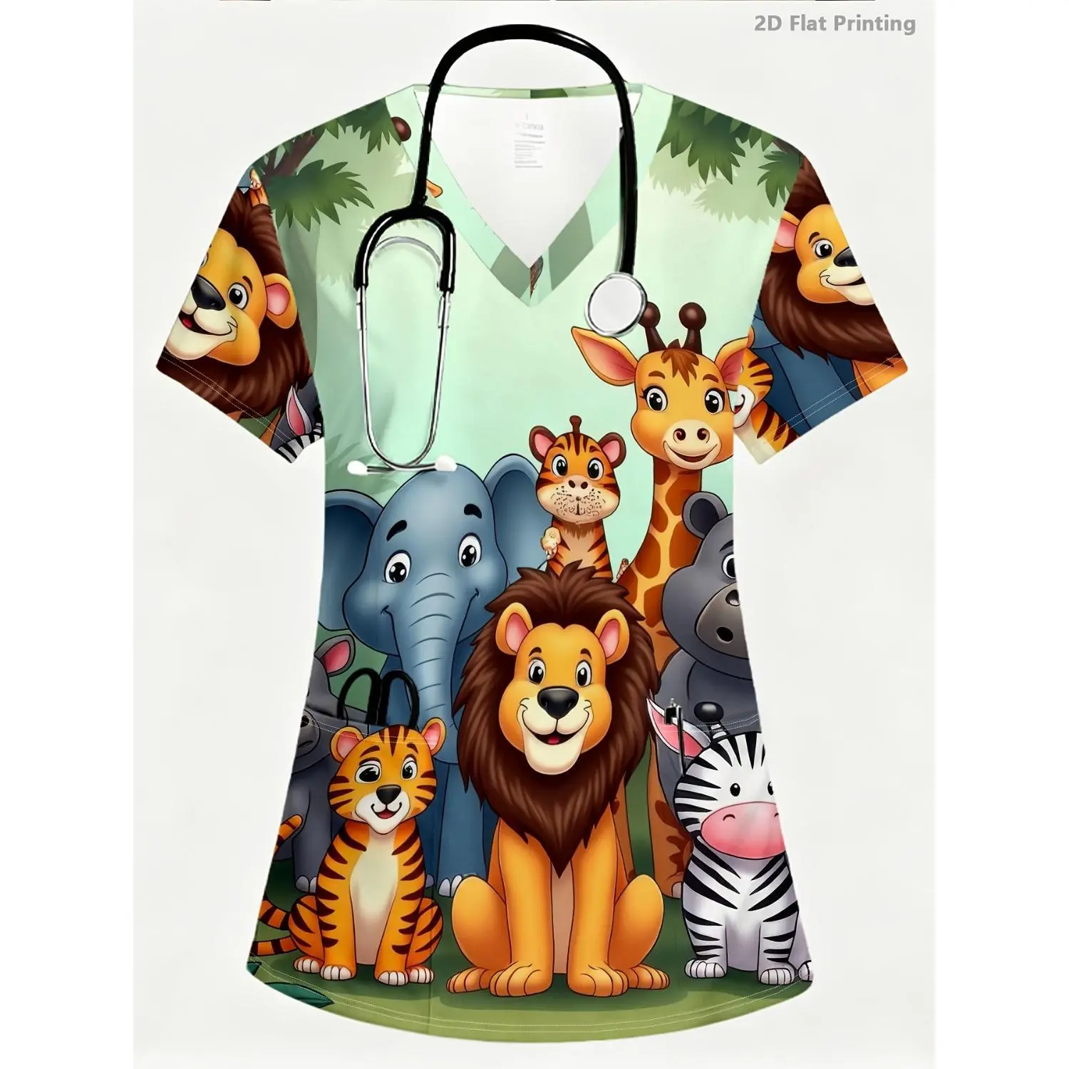 Women's Fashion Short-Sleeve V-Neck Pocket Scrub Top with High-Definition Printed Animal Patterns Including Lions, Tigers, Giraffes and More. Soft, Versatile & Practical, Ideal for Pet Groomer Uniforms, All-Season Wear