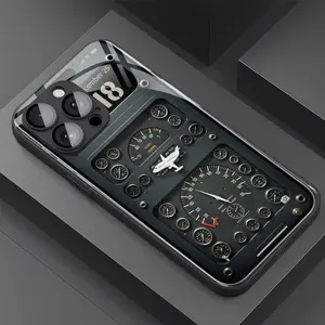 Pilot Dashboard Pattern Glass Phone Case with Airplane and Cockpit Indicator Design Suitable for iPhone 17 16, 15, 14, 13, 12, 11 Plus Pro Max