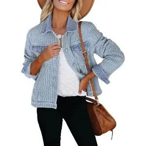 Women Trendy Texture Distressed Button Down Long Sleeves Casual Trucker Denim Jackets with Pockets
