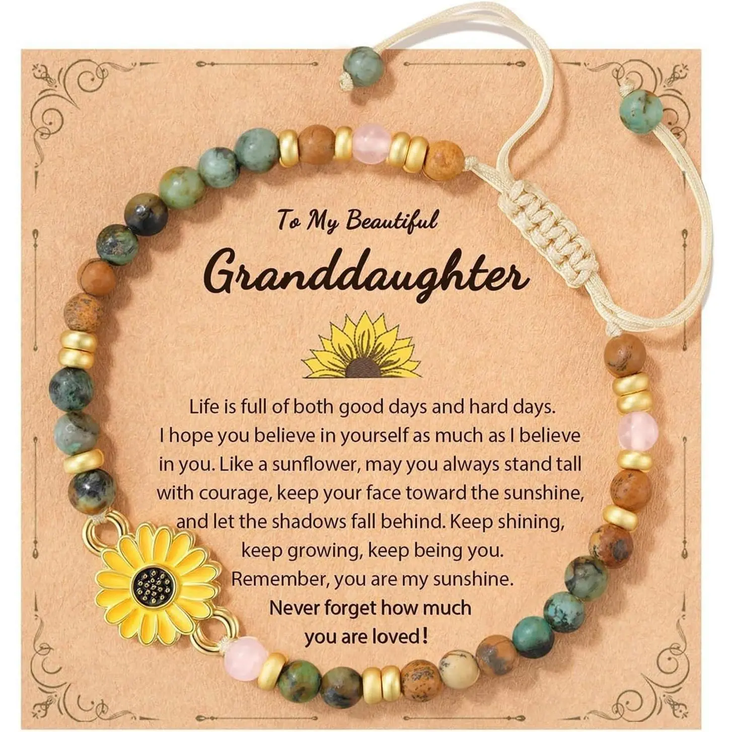 HETICA Sunflower Charm Card Bracelet - Female Chain Jewelry Bracelets & Bangles, Sunshine-Inspired Positivity Symbol, Ideal Gift for Daughters/Granddaughters, Boho Chic Accessories, Niece, Gift-Ready