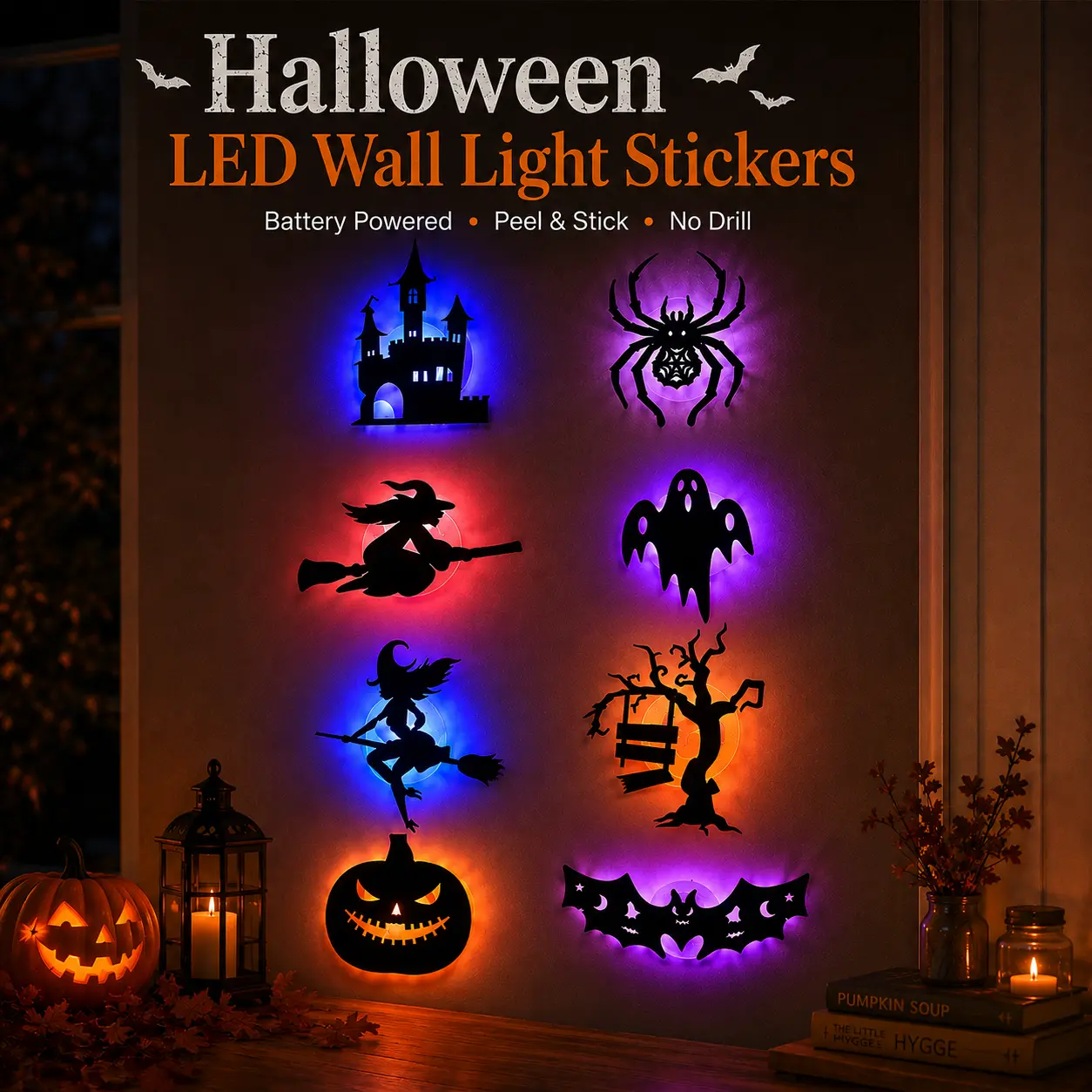 Halloween LED Silhouette Wall Lights, Battery Powered Peel & Stick Spooky Wall Decor, No Drill Light Up Ghost Pumpkin Witch Bat Castle Decorations for Home, Door & Window, 8/16/24 Pack