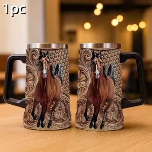 1pc 24oz Portable stainless steel insulated travel cup is decorated with a vivid print of a running horse against a background that mimics intricately tooled leather, giving it a rustic, cowboy aesthetic,in the office, or on the go. Drinkware