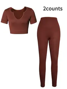 Women's Fitness Set 2-Piece U-Neck Short Sleeve Yoga Top Seamless Ribbed Crop Top High Waist Sporty High Stretch Tight Fit Pants