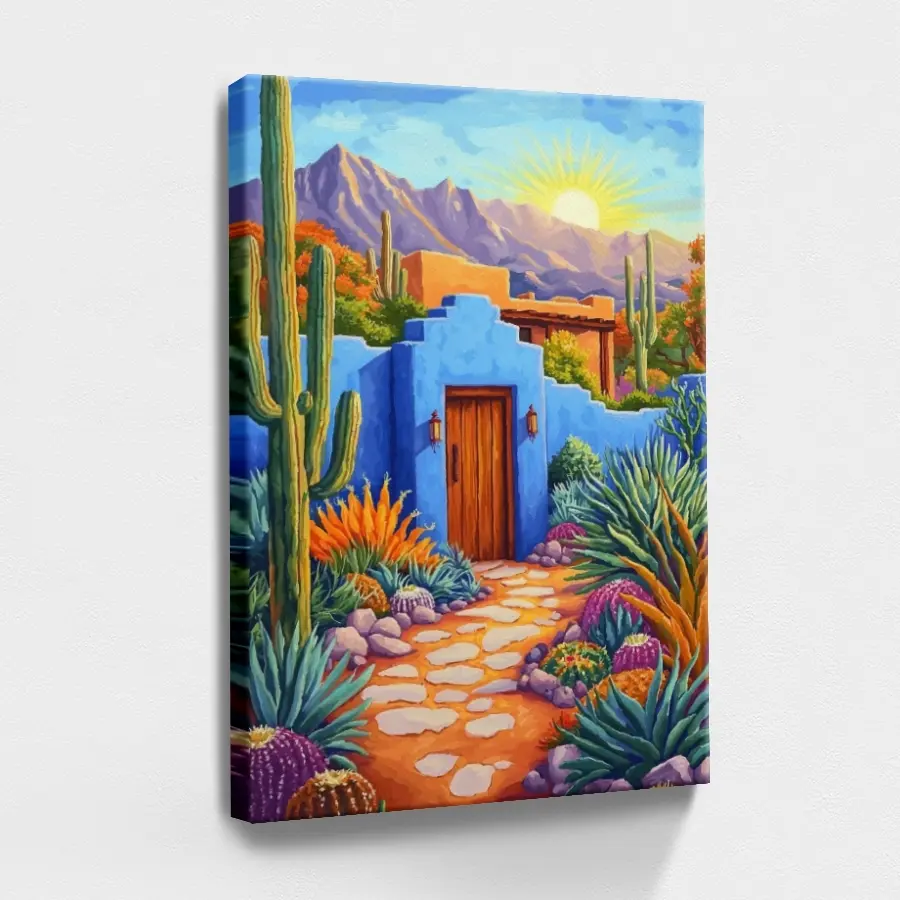 1pc Artistic Wood-Framed Canvas Painting - Orange Sand & Earth Element Wall Art, Western Desert Print Wall Art with Adobe House, Cactus, Southwest Mexican Style - Home Decor Decoration, Bedroom Poster & Print Artist Gift