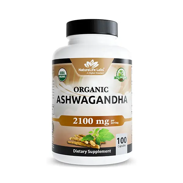 Organic Ashwagandha 2100 mg per Serving – Full Spectrum Root Powder and Standardized Extract (Withanolides) – 100 Capsules – Vegan – Non-GMO, Gluten-Free