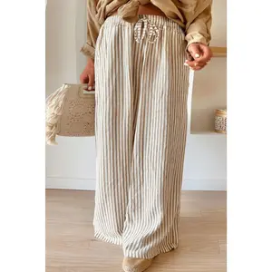 Khaki Stripe Plus Size Drawstring High Waist Wide Leg Pants