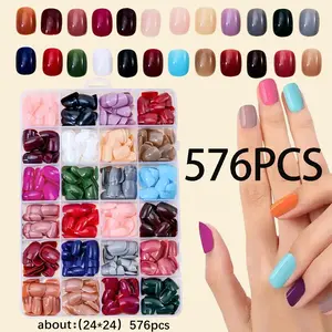576-Piece Reusable Grid Plastic Box Oval Basic Solid Color Press On Nails, 24 Mixed Colors Short Squoval Minimalist Removable Nail Art False Nails Set, Suitable for Daily Commute, Dating, Work and Festivals, Including Jelly Glue and Nail File