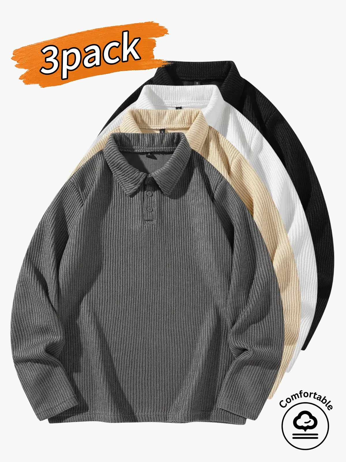 3-pack men’s tops: long-sleeve sweater and casual collared knit sweater. Simple, slightly loose 3D cut with a variety of basic solid colors for easy mixing and matching. Front design features three buttons, and the collar opening can be adjusted freely. S