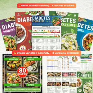 5 Pack Diabetes Food List Chart & 80+ Meal Planner Recipes for Beginner, Laminated Diabetes Diet Plan for Type 1 & 2, Food To Eat - Avoid w/Serving Size, Glycemic Index (GI), Net Carbs Calories