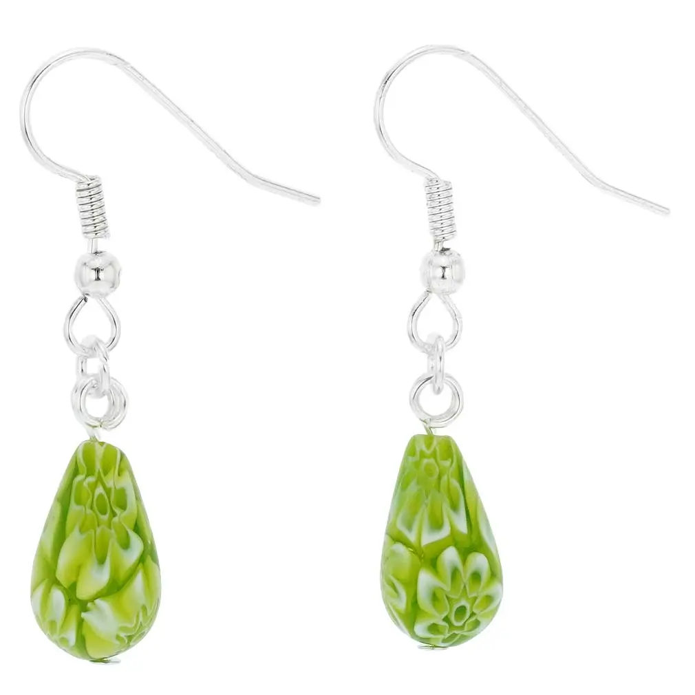 Women's Handmade Glass Of Venice Murano Glass Mosaic Half Inch Small Millefiori Drop Earrings - Elegant Green, Ideal for Special Occasions