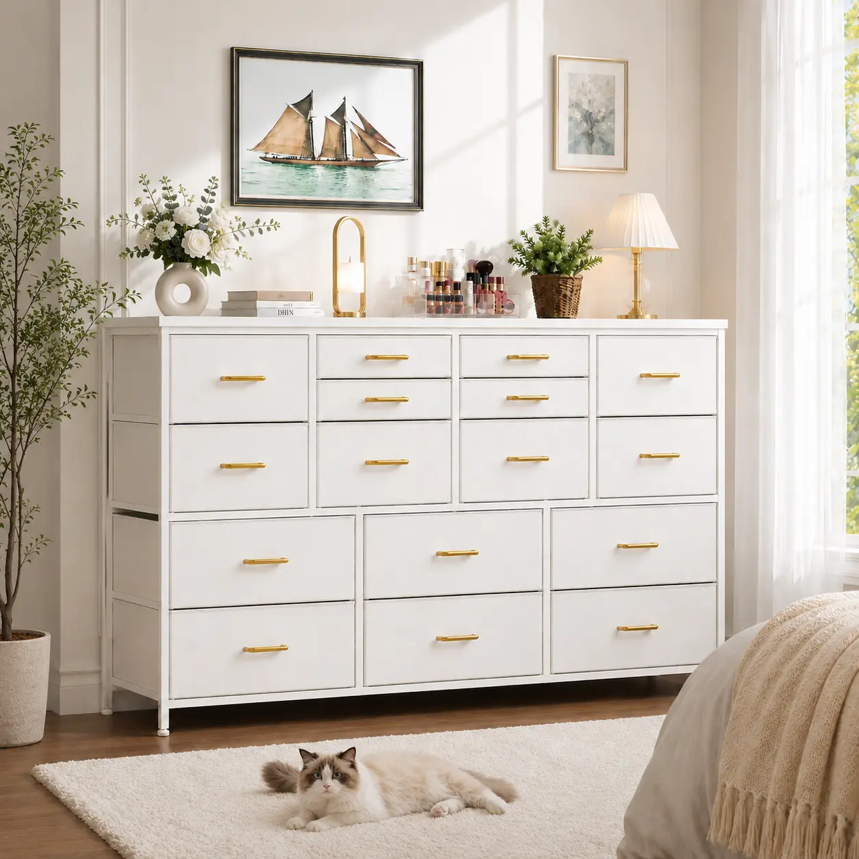RaybeeFurniture Long Dresser for Bedroom with 16 Fabric Drawers, Modern Dresser with Charging Station, TV Stand for 60" TV Dressers & Chest of Drawers for Bedroom, Living Room, Closet