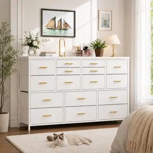 RaybeeFurniture Long Dresser for Bedroom with 16 Fabric Drawers, Modern Dresser with Charging Station, TV Stand for 60" TV Dressers & Chest of Drawers for Bedroom, Living Room, Closet