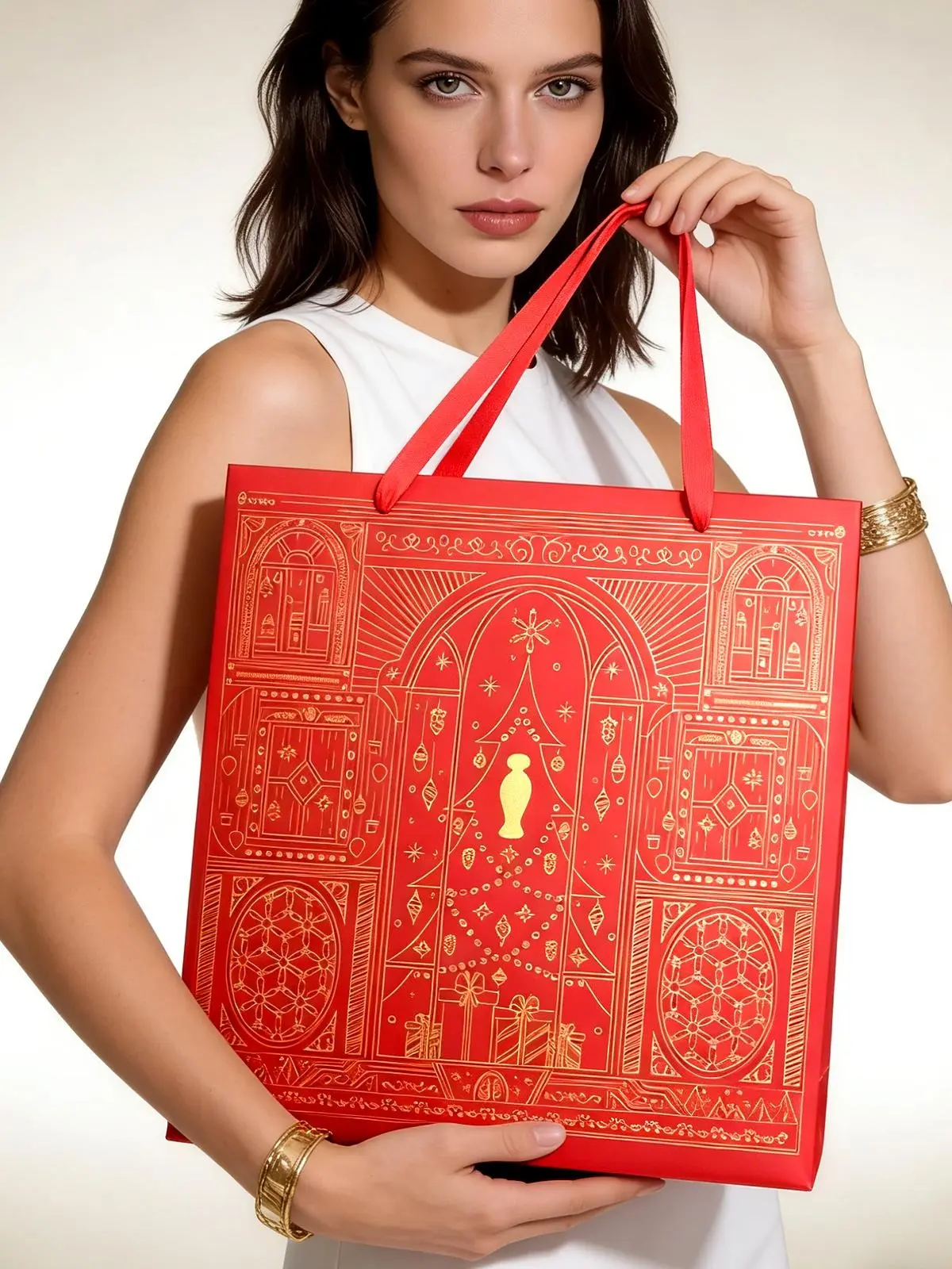 Amalee Large Red Gift Bag with Handles (13.5x13.5x4.5 in), Set with Wrapping Paper & Greeting Card for Birthday, Christmas