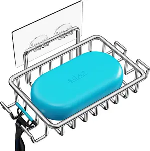 Wall-Mounted Soap Holder with Hooks – Stainless Steel Adhesive Shower Soap Dish with 4 Hooks for Bathroom Storage, No-Drill Rust-Resistant Organizer, Silver