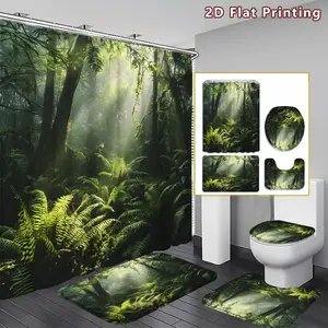 4PCS Enchanted Forest Shower Curtain set, Green and Lush Jungle Bathroom Decor, Accessories with Bath Mat, U-shaped Mat, Toilet Lid Cover, 12 Hooks 180x180cm Curtain, Nature Aficionado, Home Decor, bathroom accessories