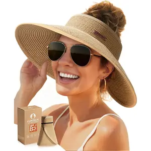 FURTALK Sun Hats for Women Wide Brim Beach Hat Straw Visor Ponytail Summer UV Packable Foldable Beach Vacation Essentials