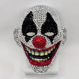 Rhinestone Encrusted Scary Clown Mask, Sparkly Halloween Cosplay Mask with Red Nose, Full Face Bling Mask for Costume Parties & Events