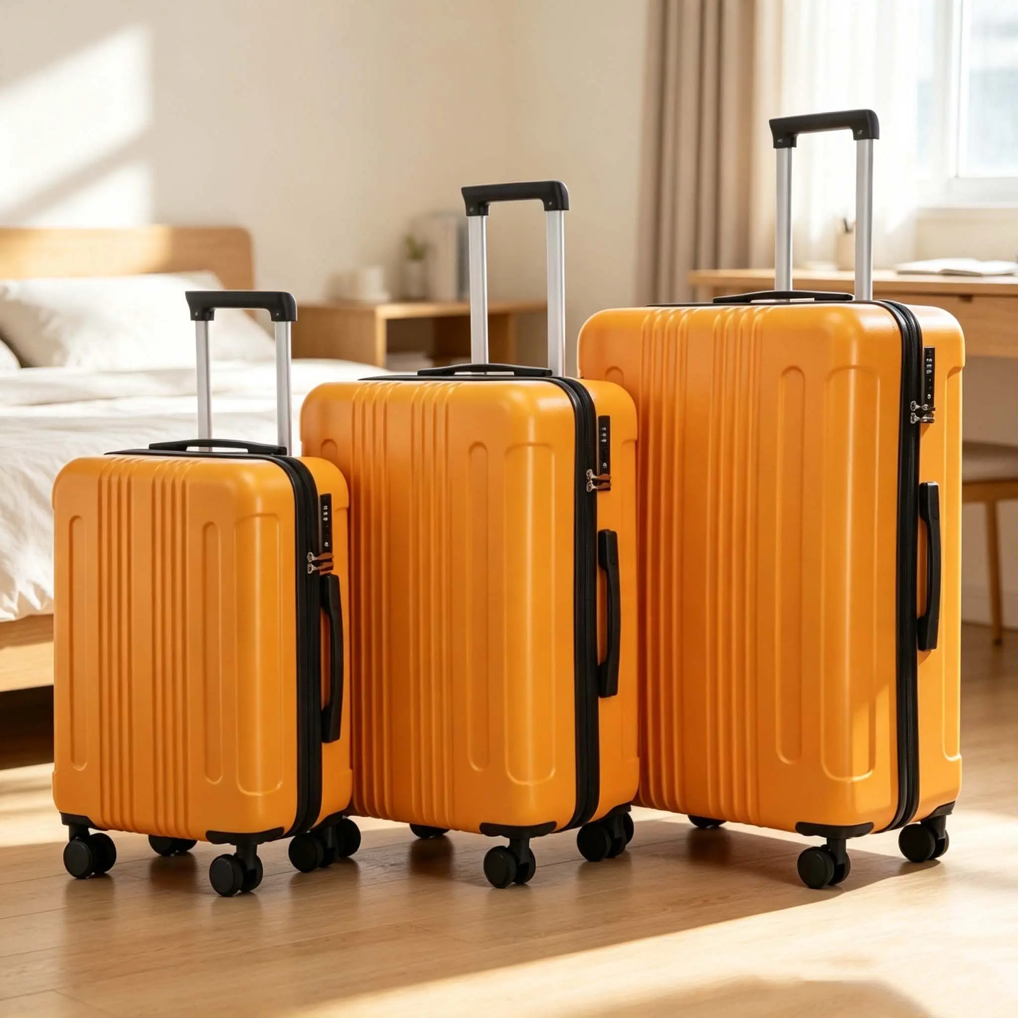 20"/24"/28" 3 Pcs ABS Spinner Wheel Luggage Set, Matching Color Hardshell Carry On & Checked Suitcase with TSA Combination Lock, Black & Orange