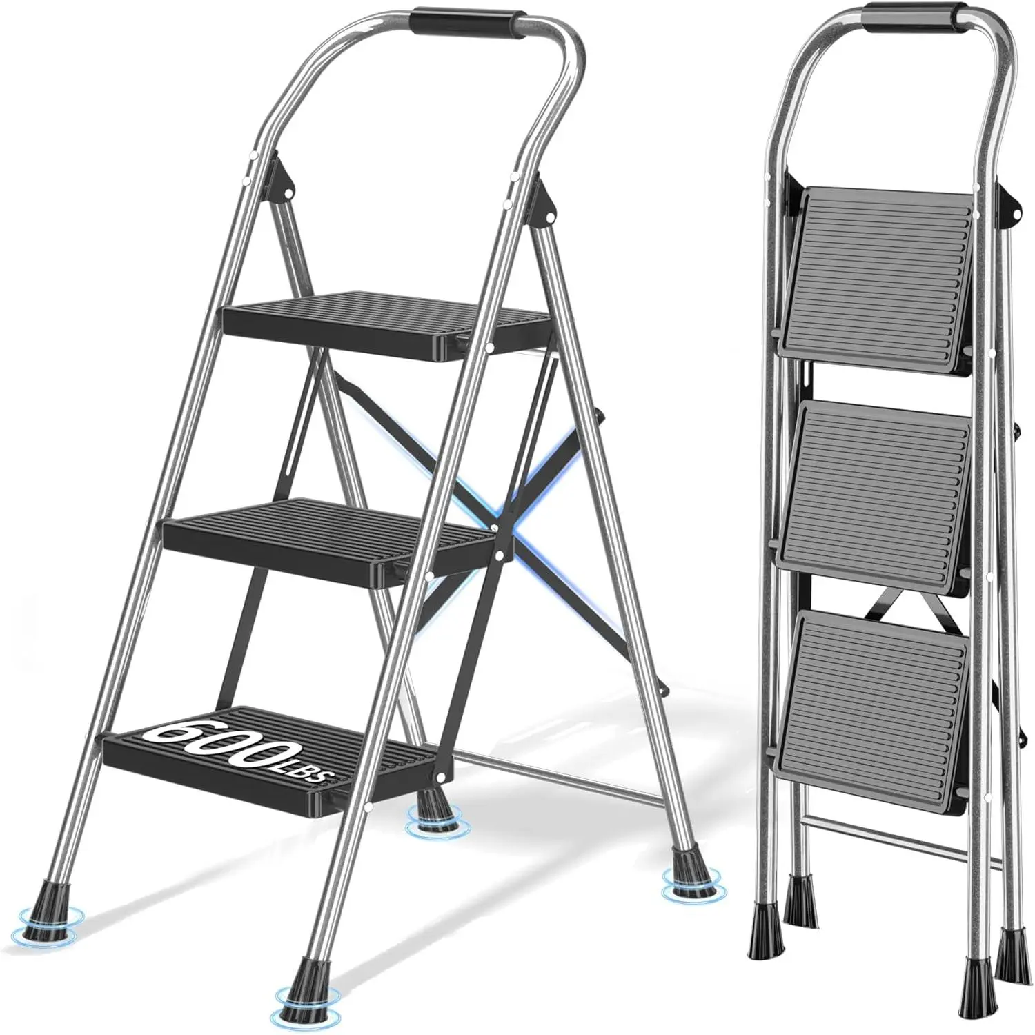 Ultra-Portable 3-Step Iron Step Ladder with Handrails, 9mm Alloy Steel Heavy-Duty 600 lbs Capacity, Foldable Floor Grip Design, Aesthetic Appeal & Enhanced Safety for Home Indoor Use