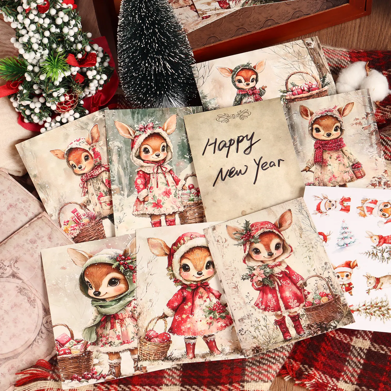 JAIIMAN 16cards, 4envelopes, 32stickers Christmas Deer DIY Decoration Double-sided Writable Thick Cardstock Set, for Blessing Greetingcard, Christmas Paper Craft, Scrapbooking Supplies, Junk Journal, Collecting and Gifting