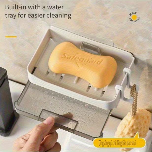 Wall-Mounted Soap Dish with 2 Soap Trays and Chain Hook - Durable Plastic Bathroom Organizer, Space-Saving Modern Design, Suitable for Shower or Sink Area, Bathroom Organization and