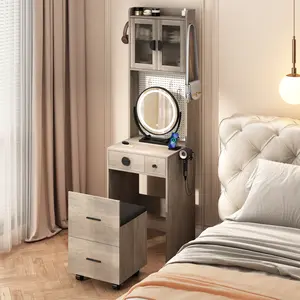 Small Vanity Desk with Mirror and LED Lights, Makeup Table with Charging Station and drawers and Storage Shelves for Small Space, Compact Mini Corner Vanity Set with Hidden Storage Stool for Bedroom vanity  without  let decofy  vanity vanity  set