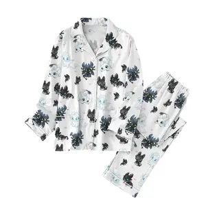 Cute Cartoon Dragon Satin Pajama Set for Women with Toothless and Light Fury Print, Long Sleeve White Sleepwear Set for Cozy Nights or Gifts