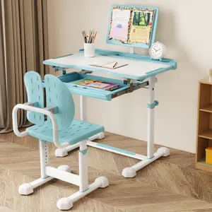 COSTWAY - Kid's Study Desk and Chair Set with Tilt Desktop and Book Stand-Blue