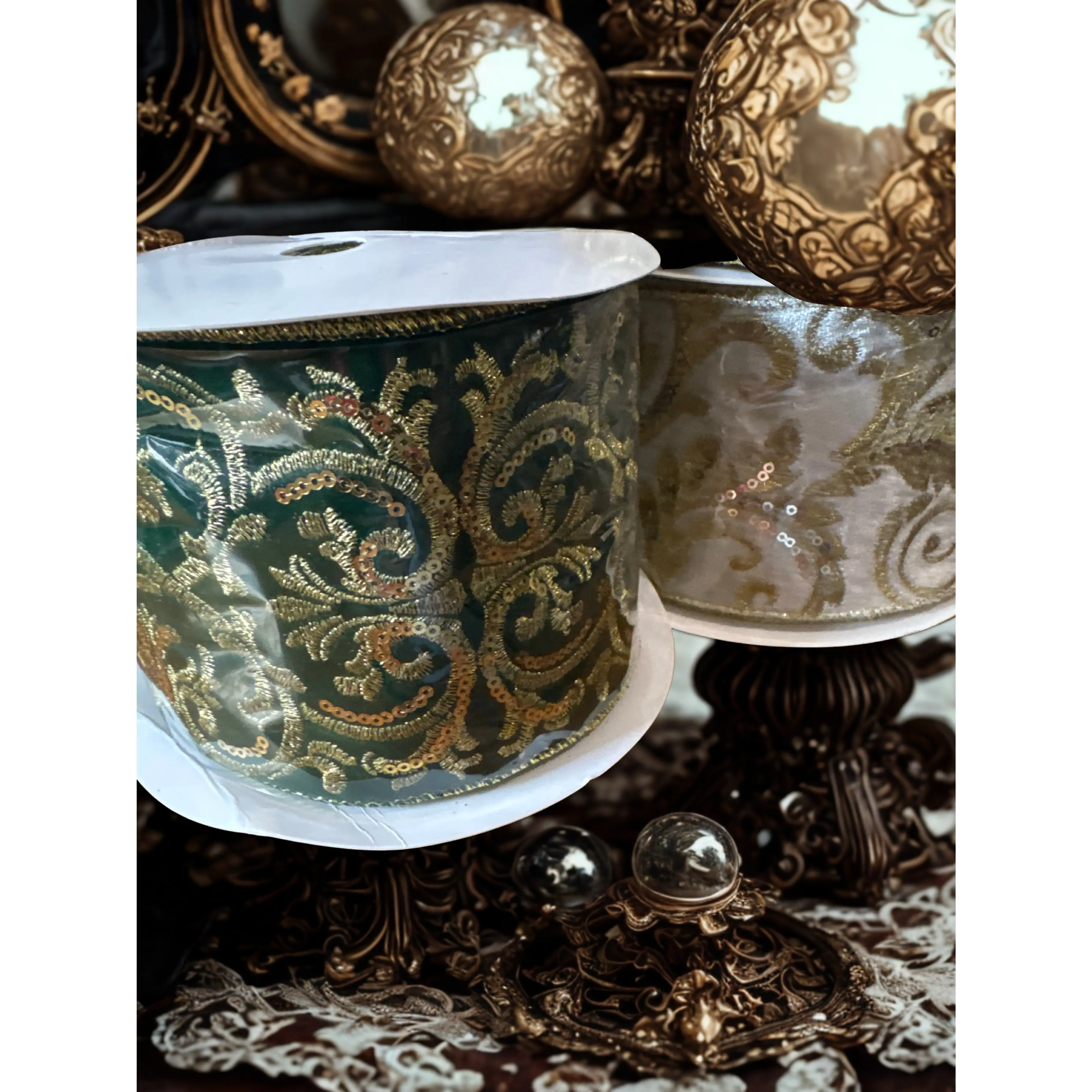 4 Inches Wide Velvet Ribbon - 4"x10 Yards Plush Velvet with Ornate Gold Victorian Embroidery, Elegant Gift Wrapping & DIY Crafts Sewing Supply for Bridal Projects, Regal