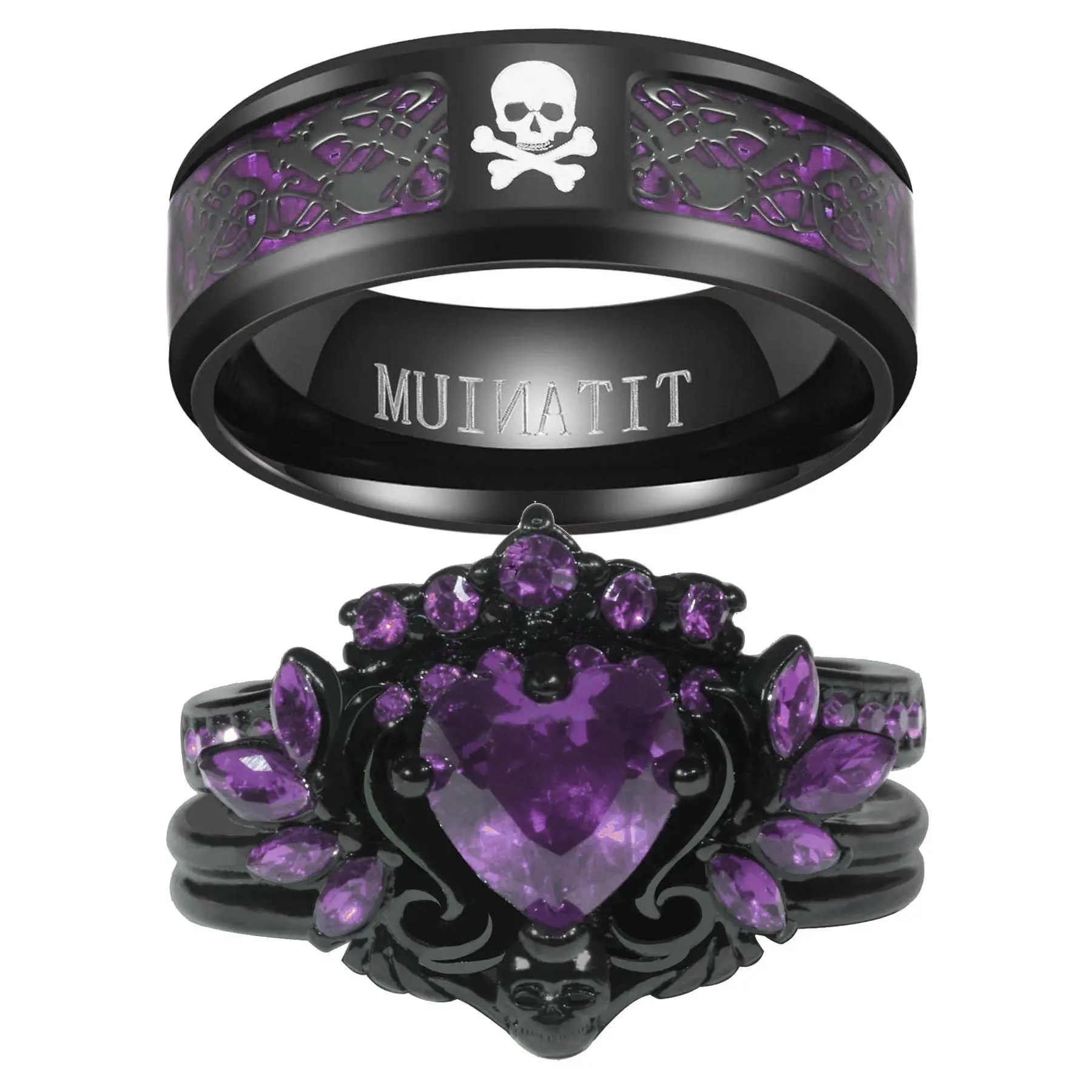Matching Rings 2pcs Black Plated Couple Rings Wings 1CT Heart Red CZ Wedding Ring Sets Punk Skull Ring Purple Ring