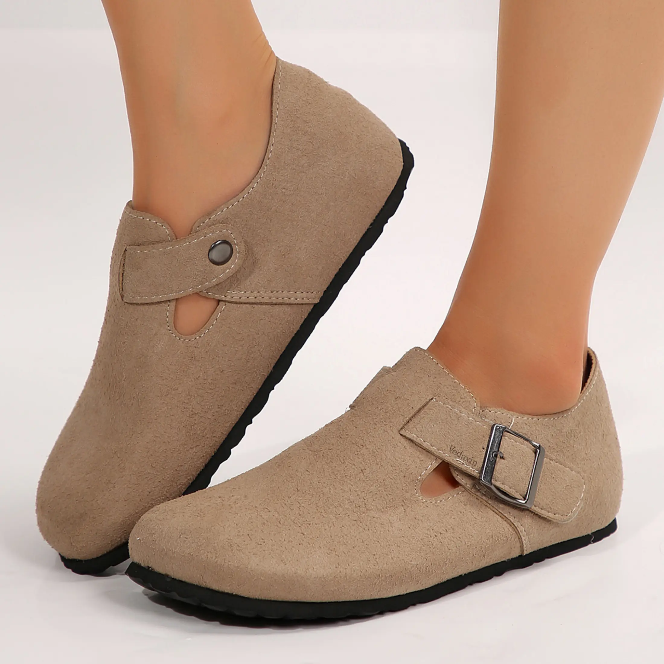 Women's Flat Heel Stylish Suede Buckle Mules Classic Slip - on Clogs Indoor Outdoor Shoes for Daily Wear