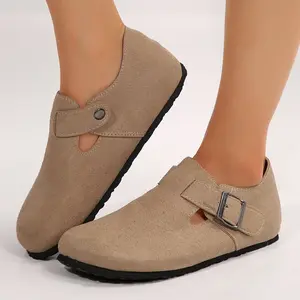 Women's Flat Heel Stylish Suede Buckle Mules Classic Slip - on Clogs Indoor Outdoor Shoes for Daily Wear