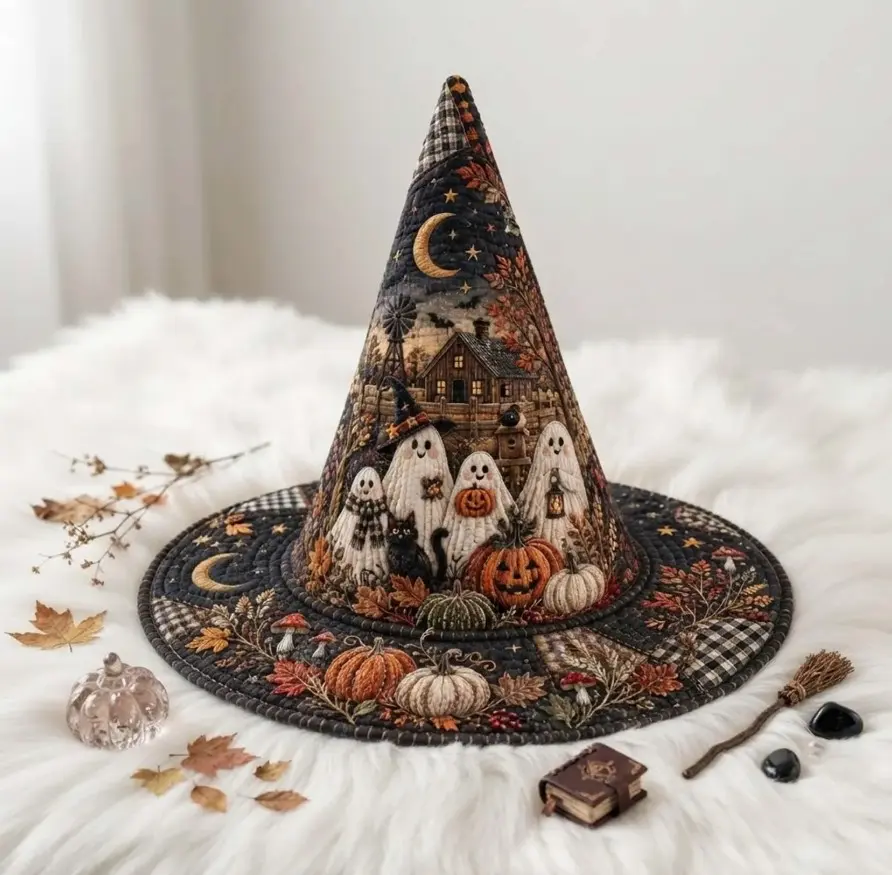 Adult Quilted Pointed Wide-Brim Hat, Owl Pumpkin Ghost and Celestial Printed Headwear