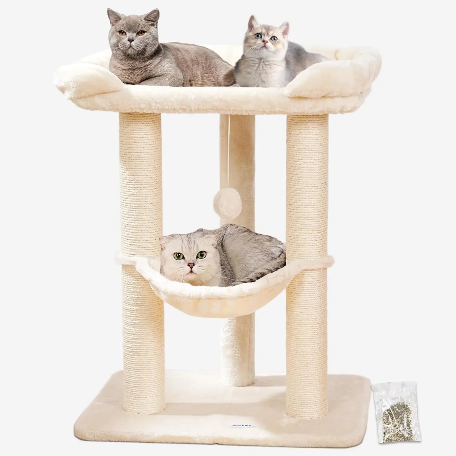 Pets Cat Tree For Large Cats, 3 Tier Cat Tree Tower with Large Top Bed & Hammock, Big Platform Cat Tower for Adult Cat, Thick Cat Scratch Post With Perch & Hanging Toys, Stable Cat Stand-Beige